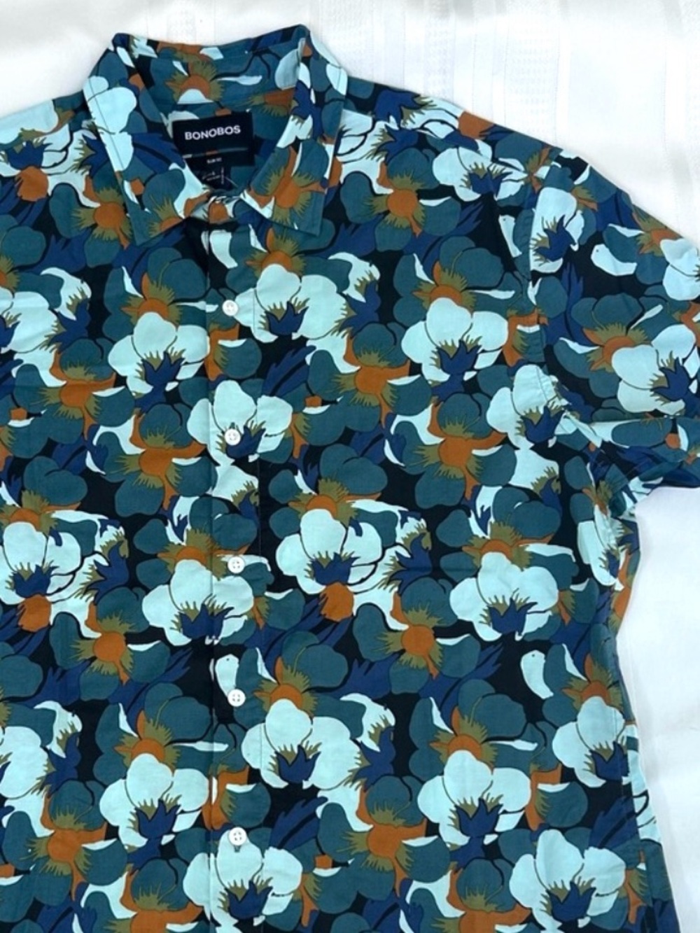 Bonobos shirt button down tropical floral print blue mens large new short sleeve